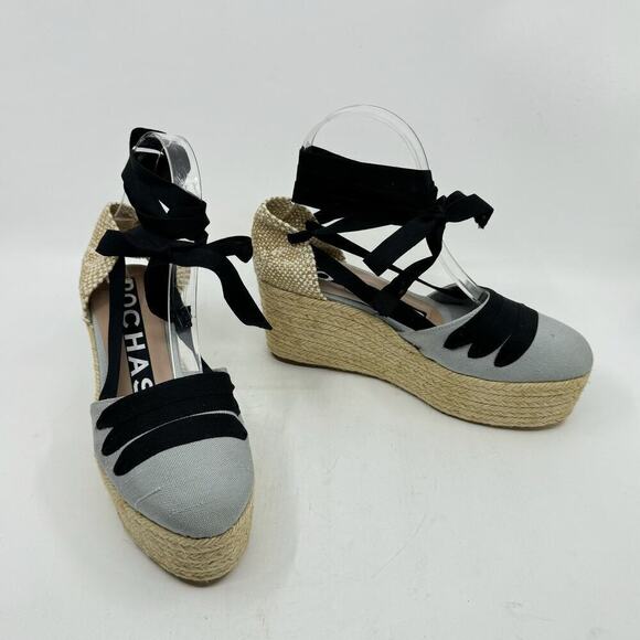 NWT ROCHAS Ice-Gray Espadrilles Platform Wedges w/ Ribbons - Size 37 - Picture 2 of 11